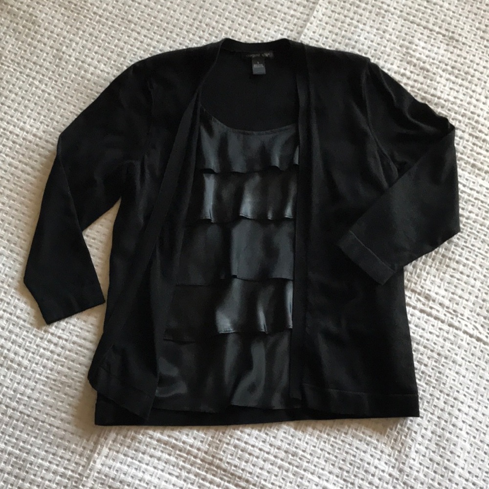Black satin like top w/ attached sweater jacket